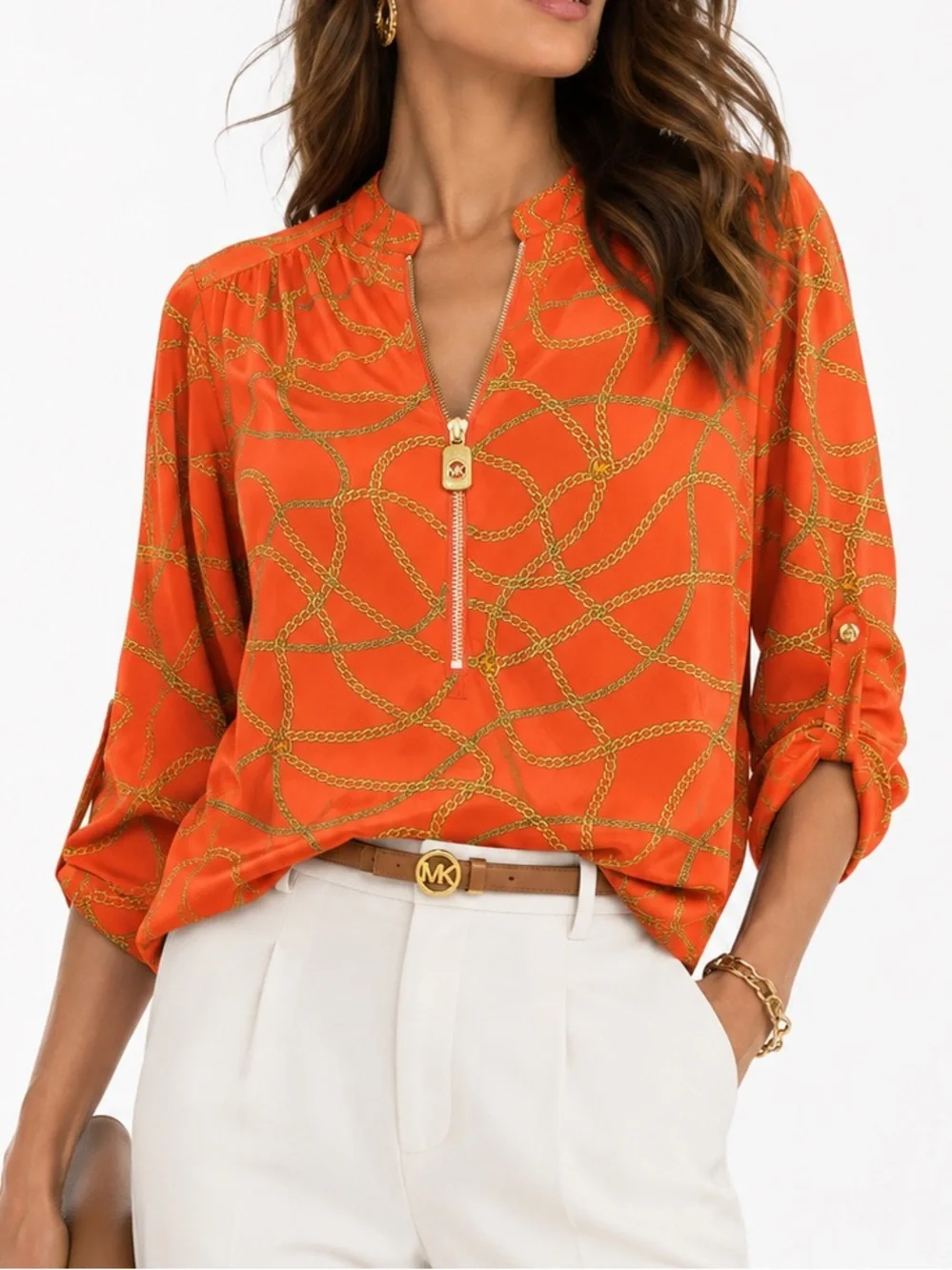 Michael Kors NWT Orange & Gold Chain Logo Print Zip Up Neck Blouse Size Small